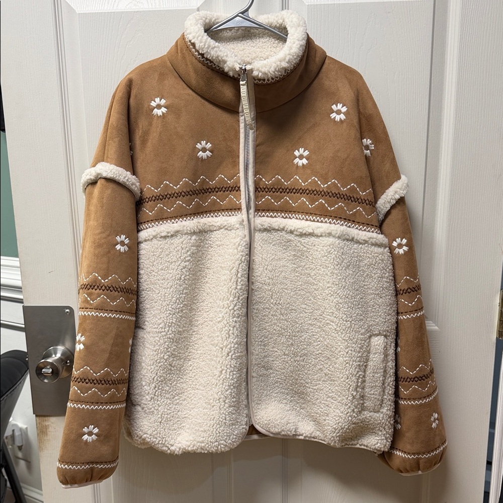 Ugg Brown and Cream Fleece Jacket with Floral Embroidery XL